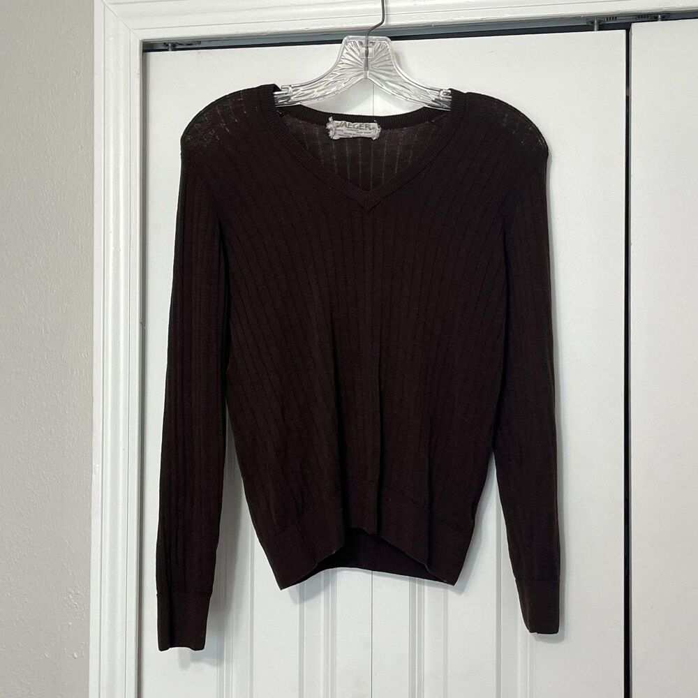 Jaeger Vintage Sweater Womens 38 Brown 100% Wool V Neck Ribbed Lightweight Knit